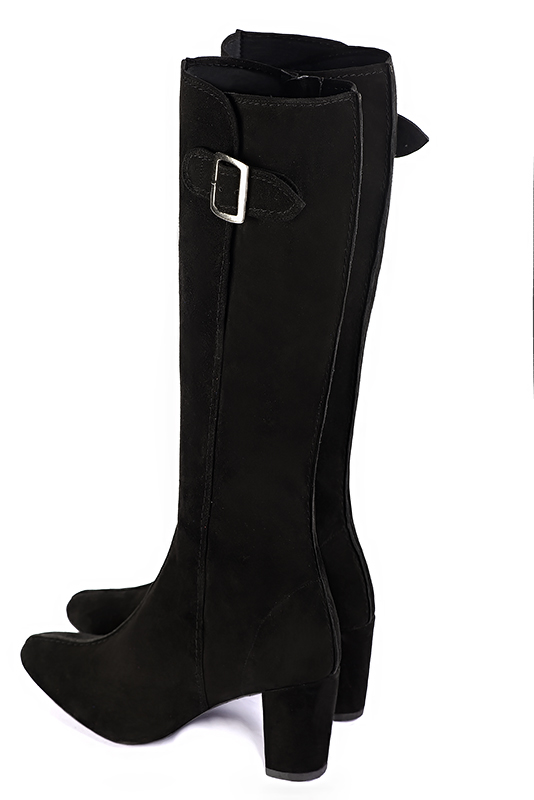 Matt black women's knee-high boots with buckles. Round toe. High block heels. Made to measure. Rear view - Florence KOOIJMAN